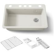 Kohler Riverby 33" Undermount Single Basin Enameled Cast Iron Workstation Kitchen Sink with Basin Rack, Colander, Cutting Board, and Utility Rack Biscuit