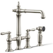 Kohler Artifacts 1.5 GPM Widespread Bridge Kitchen Faucet with Sweep, BerrySoft, ProMotion, and MasterClean Technologies - Includes Side Spray Vibrant Polished Nickel