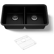 Kohler Cairn 33-1/2" Undermount Double Equal Bowl Neoroc Composite Kitchen Sink with Right Sink Rack Included Matte Black