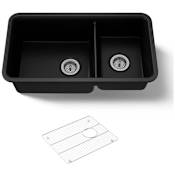 Kohler Cairn Slim Divide 33-1/2" Undermount Double Bowl Neoroc Composite Kitchen Sink with Large Bowl Sink Rack Matte Black