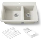 Kohler Riverby 33" x 22" Double Basin Cast Iron Sink with Colander and Basin Rack Biscuit