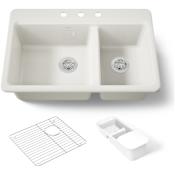 Kohler Riverby 33" Drop In Double Basin Cast Iron Kitchen Sink Biscuit