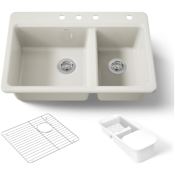 Kohler Riverby 33" Drop In Double Basin Cast Iron Kitchen Sink Biscuit