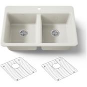 Kohler Riverby 33" Drop In Double Basin Cast Iron Kitchen Sink with Basin Rack and Single Predrilled Hole Biscuit