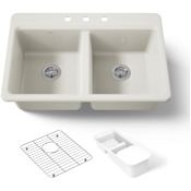 Kohler Riverby 33" Drop In Double Basin Cast Iron Kitchen Sink Biscuit
