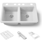 Kohler Riverby 33" Undermount 50/50 Double Basin Enameled Cast Iron Workstation Kitchen Sink with Basin Rack, Colander, Cutting Board, and Utility Rack White