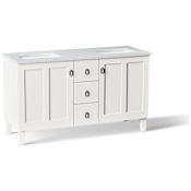 Kohler Poplin 60" Free Standing Double Basin Vanity Set with Cabinet and Quartz Vanity Top - Includes Undermount Sinks and Cabinet Hardware Linen White