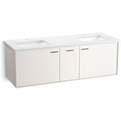 Kohler Jute 61" Wall Mounted Double Basin Vanity Set with Cabinet and Quartz Vanity Top Linen White