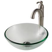 Kraus Bathroom Combo - 14" Clear Glass Vessel Bathroom Sink with Vessel Faucet, Pop-Up Drain, and Mounting Ring Satin Nickel