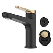Kraus Indy 1.2 GPM Single Hole Bathroom Faucet with Push Pop-Up Drain Assembly and Overflow Cap Spot Free Brushed Brass / Matte Black
