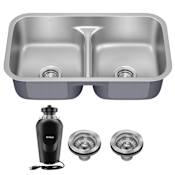 Kraus Premier 32” Undermount 50/50 Double Bowl with Low Divider 18-Gauge Stainless Steel Kitchen Sink with WasteGuard Continuous Feed Garbage Disposal Stainless Steel