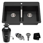 Kraus Quarza 33" Undermount Double Basin Granite Kitchen Sink with Basket Strainer and Garbage Disposal Black Onyx