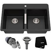 Kraus Quarza 33" Double Basin Dual Mount (Drop In or Undermount) Granite Composite Kitchen Sink with 50/50 Split Black Onyx