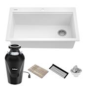 Kraus Bellucci 33" Drop In Single Basin Granite Kitchen Sink with Basket Strainer, Cutting Board, and Garbage Disposal White