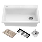 Kraus Bellucci 33" Drop In Single Basin Granite Composite Kitchen Sink with Basket Strainer, Cutting Board, and Drain Board White
