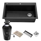 Kraus Bellucci 33" Drop In Single Basin Granite Kitchen Sink with Basket Strainer, Cutting Board, and Garbage Disposal Metallic Black
