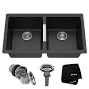 Kraus Quarza 32-1/2" Double Basin Undermount Granite Composite Kitchen Sink with 50/50 Split Black Onyx