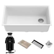 Kraus Bellucci 32" Undermount Single Basin Granite Composite Kitchen Sink with Drying Rack, Basket Strainer, Cutting Board, and Garbage Disposal White