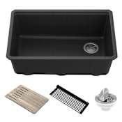 Kraus Bellucci 29" Undermount Single Basin Granite Composite Kitchen Sink with Basket Strainer, Cutting Board, and Drain Board Metallic Black