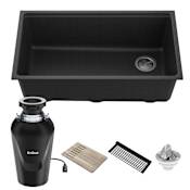 Kraus Bellucci 32" Undermount Single Basin Granite Kitchen Sink with Basket Strainer, Cutting Board, and Garbage Disposal Metallic Black