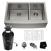 Kraus Standart PRO 35-7/8" Farmhouse Double Basin Stainless Steel Kitchen Sink with Basin Rack, Basket Strainer, and Garbage Disposal Stainless Steel