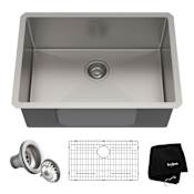 Kraus Standart PRO 26" Undermount Single Basin Stainless Steel Kitchen Sink with Sound Dampening - Includes Basket Strainer, Sink Grid, and Kitchen Towel Stainless Steel