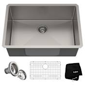 Kraus Standart PRO 28" Undermount Single Basin Stainless Steel Kitchen Sink with Sound Dampening - Includes Basket Strainer, Sink Grid, and Kitchen Towel Stainless Steel