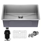 Kraus Standart PRO 30" Undermount Single Basin Stainless Steel Kitchen Sink with Basin Rack, Basket Strainer, and Garbage Disposal Satin