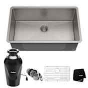 Kraus Standart PRO 30" Undermount Single Basin Stainless Steel Kitchen Sink with Basin Rack, Basket Strainer, Garbage Disposal, and NoiseDefend Technology Stainless Steel
