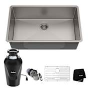 Kraus Standart PRO 32" Undermount Single Basin Stainless Steel Kitchen Sink with Basin Rack, Basket Strainer, Garbage Disposal, and NoiseDefend Technology Stainless Steel