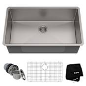 Kraus Standart PRO 32" Single Basin 16 Gauge Stainless Steel Kitchen Sink for Undermount Installations - Basin Rack and Basket Strainer Included Stainless Steel