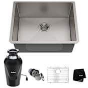 Kraus Standart PRO 23" Undermount Single Basin Stainless Steel Kitchen Sink with Basin Rack, Basket Strainer, Garbage Disposal, and NoiseDefend Technology Stainless Steel