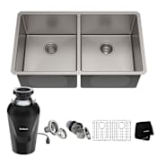 Kraus Standart PRO 32-3/4" Undermount Double Basin Stainless Steel Kitchen Sink with Basin Rack, Basket Strainer, and Garbage Disposal Stainless Steel