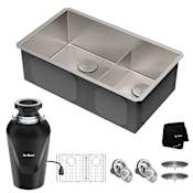 Kraus Standart PRO 32" Undermount Double Basin Stainless Steel Kitchen Sink with Basin Rack, Basket Strainer, Garbage Disposal, and NoiseDefend Technology Stainless Steel