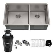 Kraus Standart PRO 32-3/4" Undermount Double Basin Stainless Steel Kitchen Sink with Basin Rack, Basket Strainer, and Garbage Disposal Stainless Steel