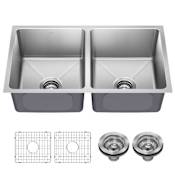 Kraus Fairlane 32-1/2" Undermount Double Basin Stainless Steel Kitchen Sink with Basin Rack and Basket Strainer Stainless Steel