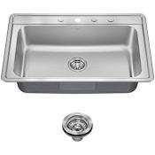Kraus Premier 33" Drop In Single Basin Sound Dampening Stainless Steel Kitchen Sink with Basket Strainer Stainless Steel