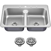 Kraus Premier 33" Drop In Double Basin Stainless Steel Kitchen Sink with Basket Strainers Stainless Steel