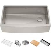Kraus Kore 35-7/8" Farmhouse Single Basin Stainless Steel Kitchen Sink with Basin Rack, Basket Strainer, Cutting Board, Drying Mat, and Cover Cap Stainless Steel