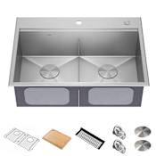Kraus Kore 30" Drop In Double Basin Stainless Steel Kitchen Sink with Basin Rack, Basket Strainer, Cutting Board, and NoiseDefend Technology Stainless Steel