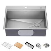 Kraus Kore 28" Drop In Single Basin Stainless Steel Kitchen Sink with Basin Rack, Basket Strainer, Cutting Board, and NoiseDefend Technology Stainless Steel