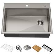 Kraus Kore 30" Drop In or Undermount Single Basin Stainless Steel Kitchen Sink with Strainer, Basin Rack, Cutting Board, Drain Cap, and Rolling Mat Stainless Steel