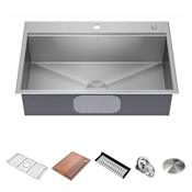 Kraus Kore 33" Drop In Single Basin Stainless Steel Kitchen Sink with Basin Rack, Basket Strainer, Cutting Board, Drain Board, and Cover Cap Stainless Steel