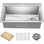Kraus Fairlane 30" Drop In Single Basin Stainless Steel Workstation Kitchen Sink with Basin Rack, Basket Strainer and Cutting Board Stainless Steel