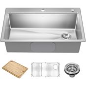 Kraus Fairlane 33" Drop In Single Basin Stainless Steel Workstation Kitchen Sink with Basin Rack, Basket Strainer and Cutting Board Stainless Steel