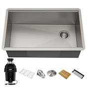 Kraus Kore 30" Undermount Single Basin Stainless Steel Kitchen Sink with Basin Rack, Basket Strainer, Cutting Board, and Garbage Disposal Satin