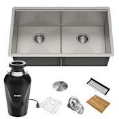 Kraus Kore 33" Undermount Double Basin Stainless Steel Kitchen Sink with Basin Rack, Basket Strainer, Cutting Board, and Garbage Disposal Stainless Steel