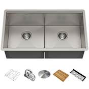 Kraus Kore 33" Undermount Double Basin Stainless Steel Kitchen Sink - Basin Rack, Strainer, Cutting Board, and Drying Mat Included Stainless Steel