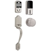 Kwikset 942 Aura Electronic Keypad Deadbolt with Arlington Handleset and Hancock Interior Knob Combo Pack with SmartKey and Bluetooth Technology Satin Nickel