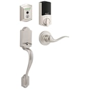 Kwikset 959 Halo Left Handed Traditional Electronic WiFi Enabled Deadbolt with Arlington Handleset and Tustin Interior Lever Combo Pack with SmartKey Satin Nickel